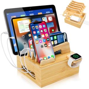 Bamboo Charging Station for Multi Devices, Desktop Docking Stand with Removable Dividers, Cell Phone Docking Station Charger Organizer for Tablets, Smart Watch