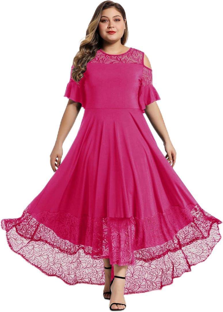 LALAGEN Women Dress Plus Size Cold Shoulder Lace Casual Swing Evening Party Formal Maxi Dresses Rose Red 2X