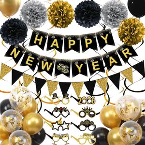 Happy New Years Decorations 2026, Black and Gold New Years Banner, Triangle Flag Banner and Hanging Swirls, Pompoms with Confetti Balloons, Glasses, Eve Party Supplies 2026
