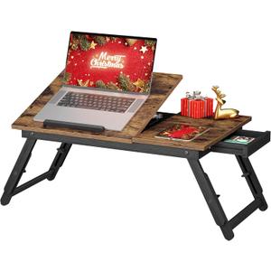 SONGMICS Laptop Desk for Bed or Sofa with Adjustable Tilting Top, Breakfast Serving Tray with Height Adjustable Folding Legs, Fits Screen Size up to 15.6 Inches, Floor Desk, Rustic Brown ULLD105B01