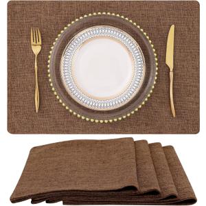 homing Faux Cotton Linen Placemats Set of 4, Cloth Washable Farmhouse Dining Table Mats for Indoors & Outdoors, Easy to Clean, Brown, 13 x 19 Inch