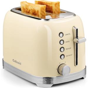 Toaster 2 Slice Retro Stainless Steel with 1.5 Extra Wide Slots Bagel, Defrost, Reheat, Cancel Functions, 6 Bread Shade Settings, Removable Crumb Tray, Cream White