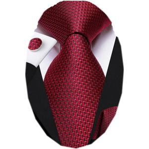 Dubulle Mens Paisley Floral Silk Tie for Men Striped Necktie and Pocket Square Cufflinks Set Wedding Business (Black and Red)