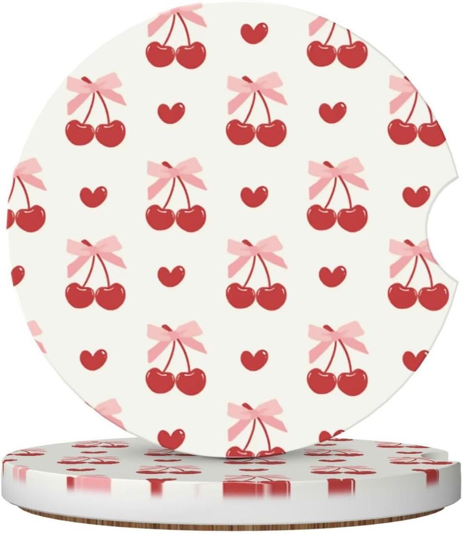 Generic Absorbent Car Coasters for Cup, Ceramic Cork Base Drink Coasters with Finger Notch Auto Accessories 2.56"" - Cute Bow and Cherry, 123654