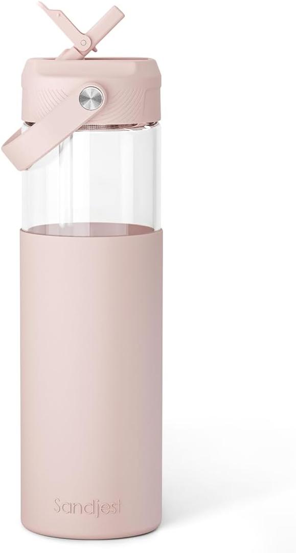 SANDJEST Glass Water Bottle with Silicone Sleeve and Straw Lid 20oz for Girls Women, Glass Drinking Bottles for Travel Home Gym Sports (Warm Sand)