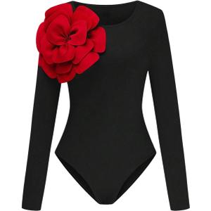 GORGLITTER Women's 3D Floral Long Sleeve Bodysuit Round Neck Casual Holiday Party Outfits Tops, XL