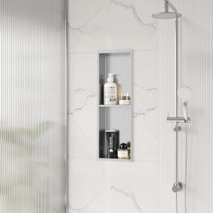 Qeke Stainless Steel Shower Niche 8" X 24", No Tile Needed Wall Niche Double Shelves, Recessed Shower Shelf for Bathroom Storage, Brushed Nickel