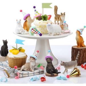 Colingmill 18 Pcs Cat Birthday Party Decorations Mini Birthday Hat Animal Figure Model Cake Toppers with Mini Hat for Birthday Party, Animals Themed Party