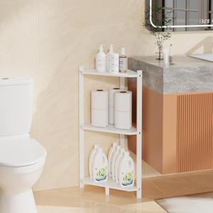 Wisuce Corner Shelf, 100% Real Bamboo Shower Corner Shelves Free Standing Shelf Storage Organizer for Bathroom Living Room Kitchen (White, 3 Tier)