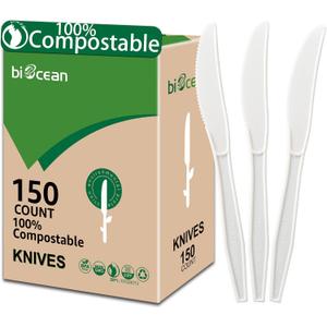 100% Compostable No Plastic Knives Plastic Forks Plastic Spoons Plastic Utensils, The Heavyweight Heavy Duty Flatware is Eco Friendly Products for Lounge Party Wedding BBQ Picnic Camping.