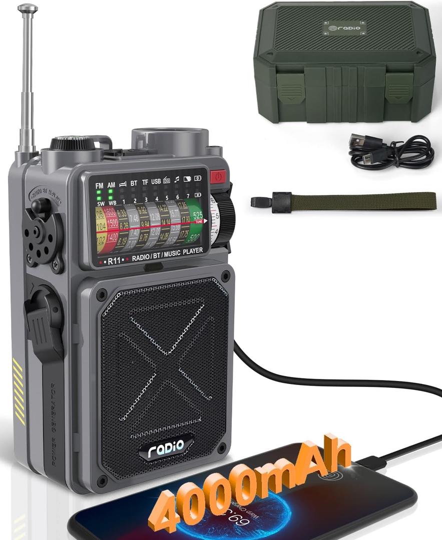 R11 Portable Shortwave Radio - 4000mAh/14800mWh NOAA/SW/AM/FM, Solar/Hand Crank/USB Charging, Bluetooth Receiver/USB/TF Playback,with Compass,Flashlight,SOS for Camping & Emergencies - Grey