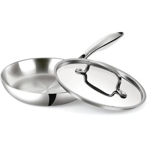 USELUCK Stainless Steel 8 Inch Frying Pan, Tri-ply Clad Base Non-toxic Skillets with Stainless Steel Lid, Fast and Even Heating Stay Cool Handles Induction Dishwasher & Oven Safe PFOA Free Cookware