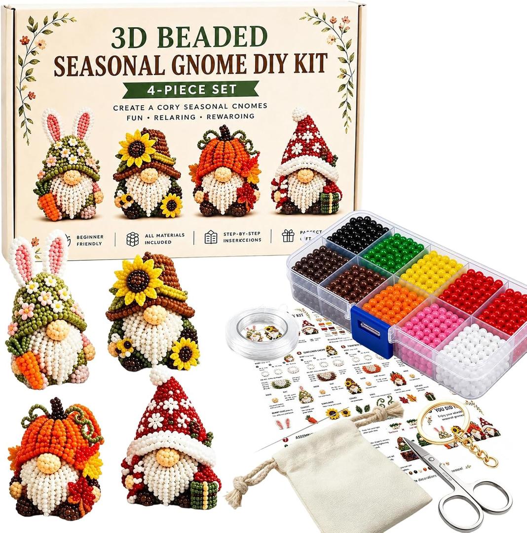 3D Beaded Gnome DIY Kit, Mini Beaded Gnome Craft Kit, Funny Handmade Gnome DIY Decor with Instructions, Perfect for Beginners & Craft Lovers (Seasonal Gnome)