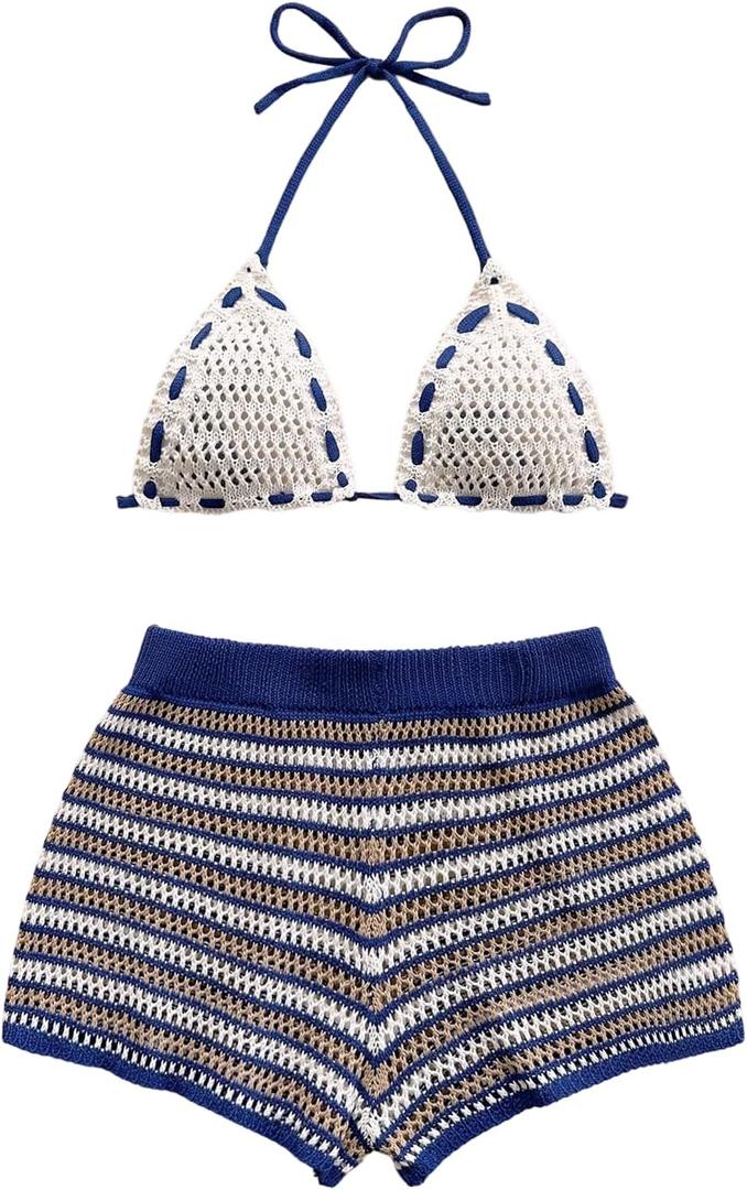 WDIRARA Women's Boho 2 Piece Outfits Hollow Out Micro Crop Halter Tops Striped Shorts Knit Set (Purple, M)