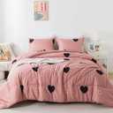 Caressma Love Pattern Girls Pink Comforter Set Twin Size, Cameo Brown Cute Love Heart Print Sexy Comforter Bedding Set for All Seasons, Geometric Soft Microfiber Comforter Set with Pillowcase