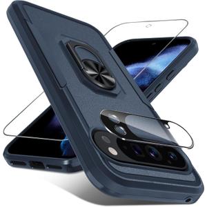 for Google Pixel 10 Pro XL Case with Screen Protector + Camera Lens Protector,Heavy Duty Shockproof Full Body Protective Cover Built in Rotatable Metal Ring Holder Kickstand,2025 Navy Blue