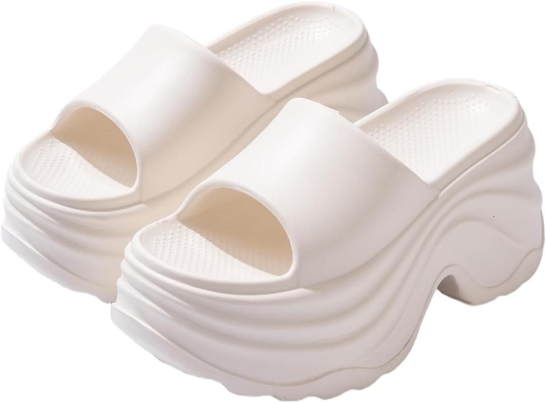 Women Round Open Toe Platform Cloud Slides Sandals Comfortable Home Soft Non-Slip Slip On Bathroom Shower Slippers Casual Summer Vacation Lightweight Cushion Beach Walking Sandals (6, White)