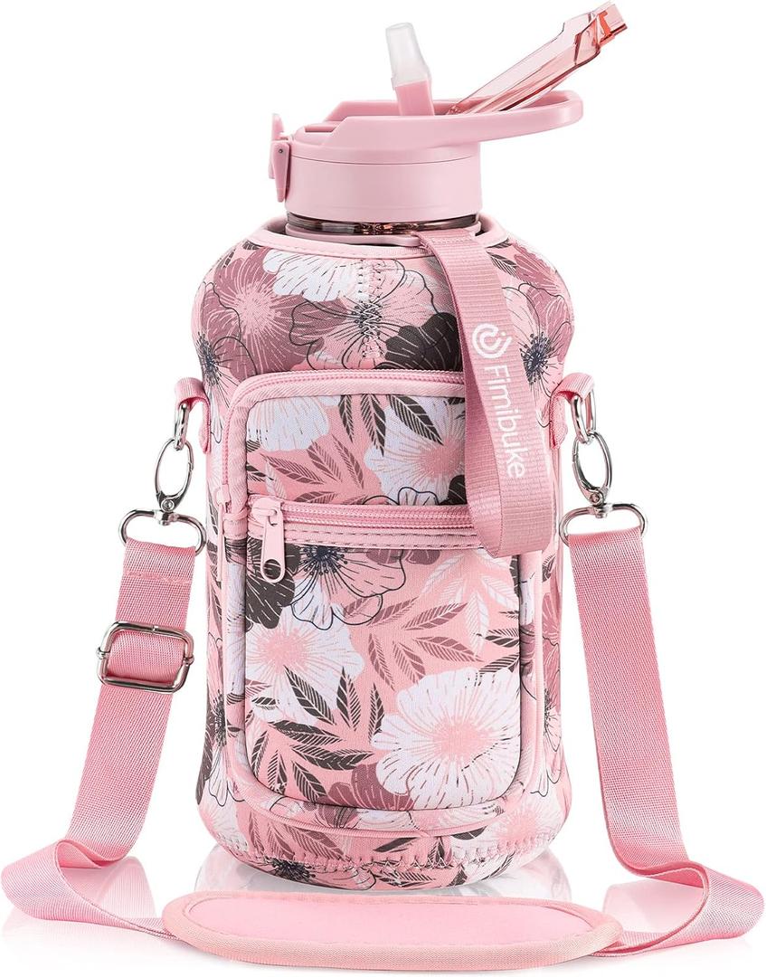 Fimibuke Half Gallon Water Bottle with Sleeve 64 OZ Water Bottle with Handle & Straw Leakproof Motivational Sports Gym Water Bottle with Time Marker BPA Free Water Jug with Reusable Neoprene Holder (A4.Floral Pink)