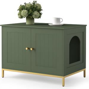 Homhedy Cat Litter Box Enclosure, Cat Washroom Furniture with Metal Frame, Pet House, Fit Most of Litter Box, Modern Style, Green and Gold