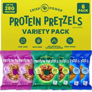 CRISP POWER Protein Pretzels, Variety Pack With Sea Salt, Sesame, & Everything, Up To 28G Protein, High Protein Snack, High Fiber, Low Carb Crunchy Pretzel Snacks, No Added Sugar, 1.75 oz Bags, 6 Pack, Vegan, Keto, BB 10-28-26