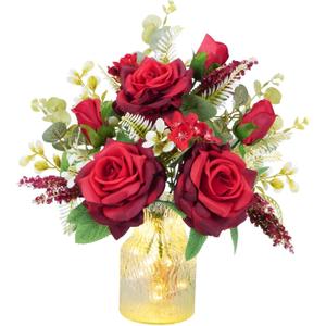HUAESIN Valentine Centerpieces for Tables Valentines Day Flowers in Vase Red Artificial Roses with Light Valentine's Day Decorations for Wedding Party Kitchen Dining Room Home Decor