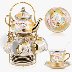 Zhehao 19Pcs Porcelain Tea Set with Metal Holder and Spoon Adult Ceramic Tea Set European Flower Painting Teapot Cup Saucer Spoon for Women, Large Version(Classic Style)