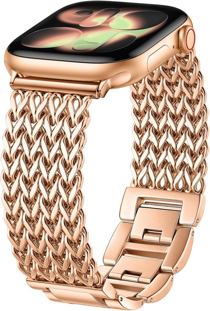 Metal Band Compatible with Apple Watch Bands for Women 40mm 41mm 42mm 38mm 44mm 45mm 46mm 49mm, Dressy Stainless Steel Link Bracelet, Designer Strap for iWatch Series 11/SE/10/9/8/7/6/5/4/3/2/1/Ultra,Rose Gold, 38mm/40mm/41mm/(42mm-Series 11 10)