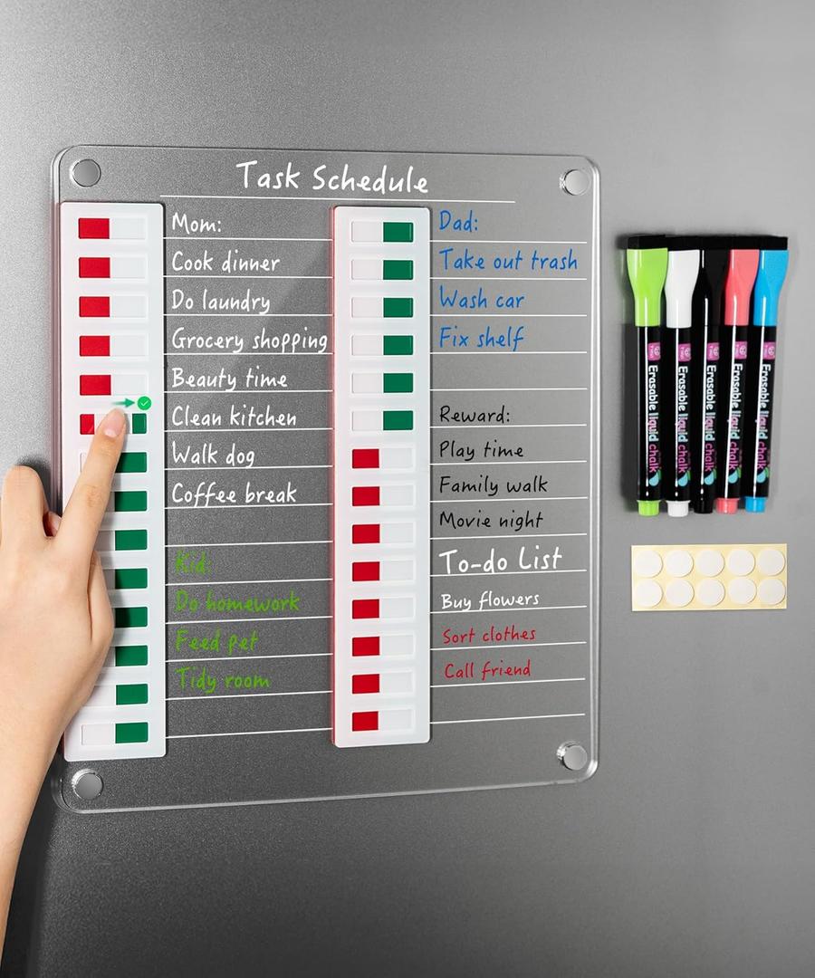 Magnetic Acrylic Dry Erase Board for Fridge, to Do List White Board with Sliding Buttons, 12"X10" Clear Chore Chart for Adults, Reusable Refrigerator Whiteboard Includes 5 Markers
