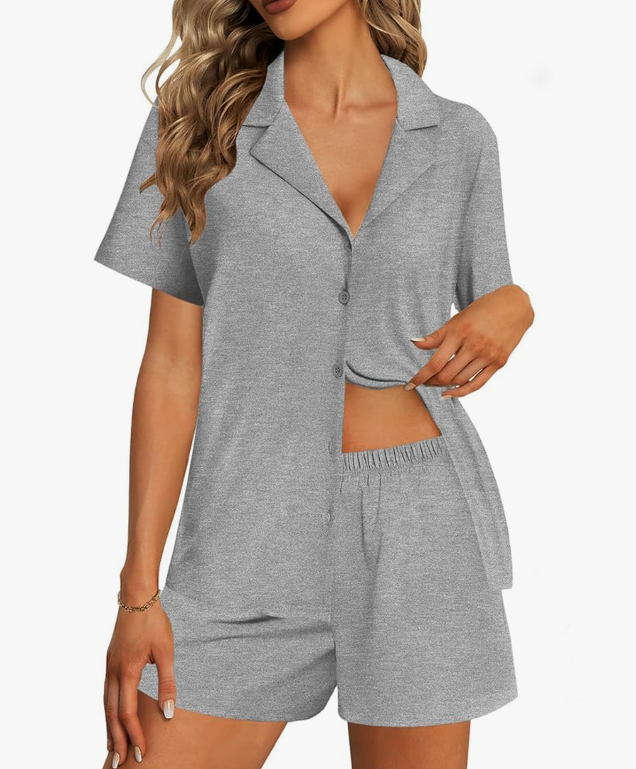 Ekouaer Womens Pajama Sets 2 Piece Cotton Pjs Button Down Sleepwear Short Sleeve Lounge Set with Pockets,(Large, Grey)