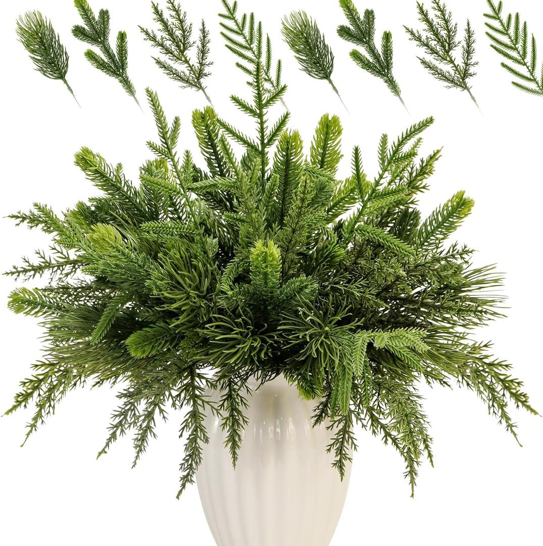 40PCS Artificial Pine Branches Assorted Real Touch Christmas Greenery Stems Faux Norfolk Pine Picks Evergreen Cedar Leave Tree Sprigs for Vase Filler Crafts Wreath Garland Home Holiday Decor (Green)