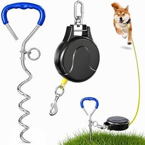 30FT Retractable Dog Tie Out Cable with Heavy Duty Ground Anchor, Tangle-Free Swivel Dog Runner System, Durable Steel Cable Outdoor Leash for Yard, Camping, Park & Travel