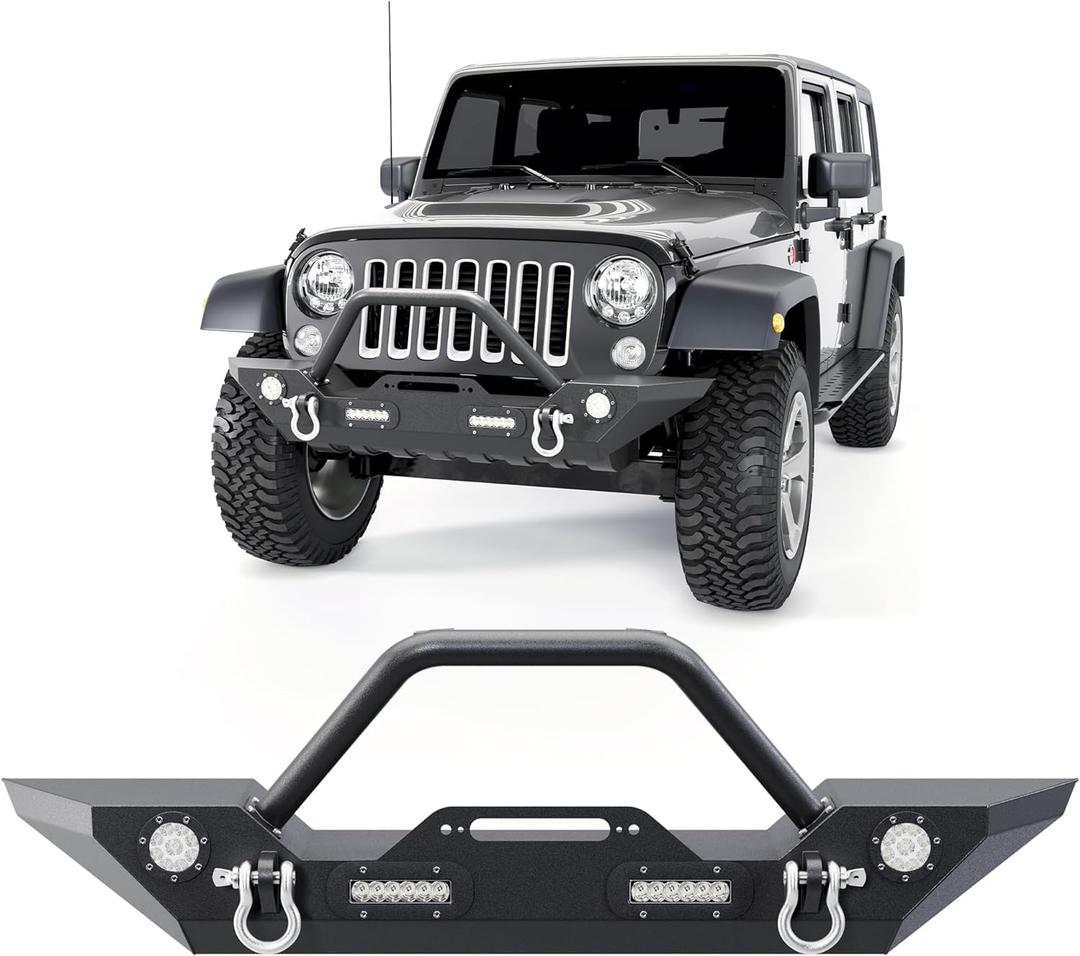 ECOTRIC Front Bumper Compatible with 2007-2025 Wrangler Unlimited JL/JLU & Gladiator JT, 2007-2018 JK Front Bumper Rock Crawler Winch Plate W/Winch Plate & 2 18W LED Lights D-rings