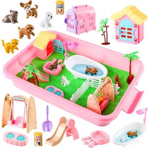 Aprilwolf 21 PCS Pet Sensory Bin, Dog & Cat Sandbox with Sand & Box, Play Sand Art Toys Kit, Pet Care Play Set, Beach Toys for Kids Ages 4-8, Birthday Gift Girls Boys 3 4 5 6 7 Years Old