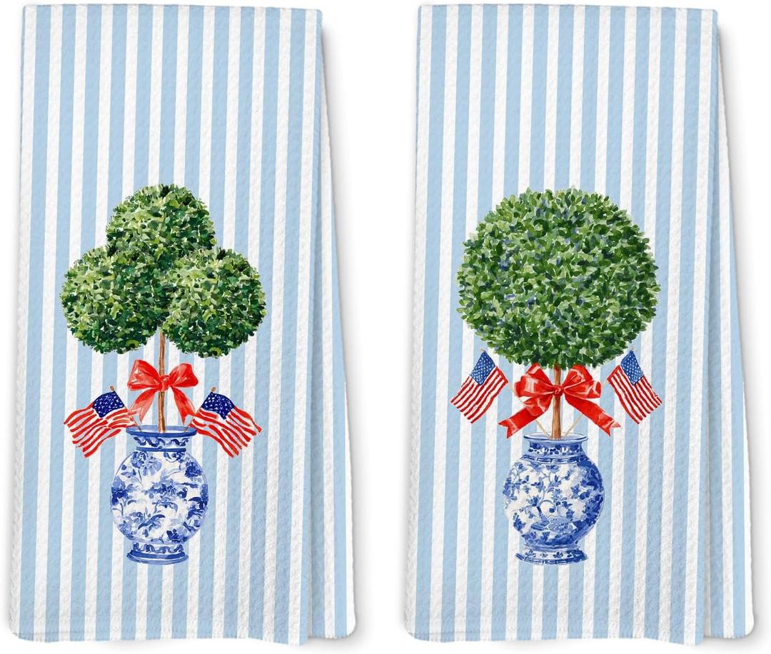 Blue Chinoiserie Topiary Patriotic Kitchen Towels, Patriotic Hand Dish Tea Towel for Kitchen, 4th of July Independence Day Striped Decorative Hand Towel for Bathroom 16x24inch, Set of 2