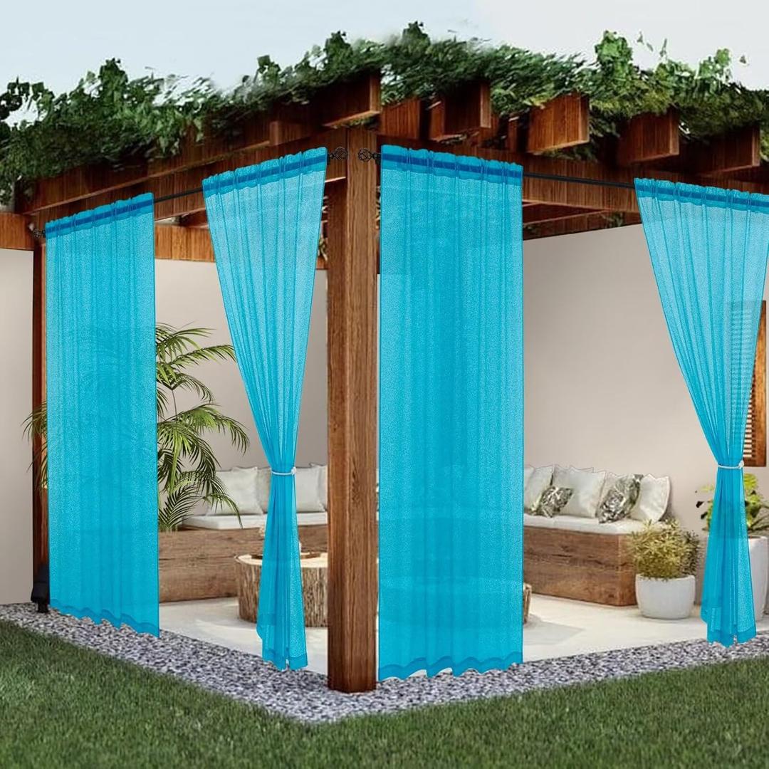 youleyar Sheer Outdoor Curtains for Patio Waterproof 4 Panels Linen Look Rod Pocket Indoor Aqua Voile Curtain for Living Room, Bedroom, Porch, Pergola, Cabana, Gazebo(52x96 Inch, Aqua)
