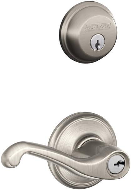 Schlage FB50N V FLA 619 B60 Single Cylinder Deadbolt and F51 Keyed Entry Flair Lever Keyed Alike, Satin Nickel finish (Security Set_Flair)