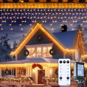 Brightown Icicle Lights: 40Ft Weatherproof, 432 LED Icicle Adjustable Timing, Warm White Eaves & Outdoor Decor