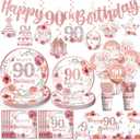 175pcs 90th Birthday Decorations Tableware Set for Women, Ninety Birthday Decorations with 90th Birthday Plates and Napkins Set, Rose Gold 90th Banner Hanging Swirls Tablecloth Balloon, Serves 25