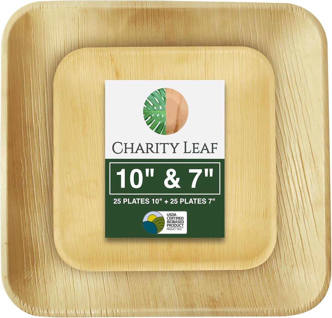 50-Piece Palm Leaf Plates Set | 25 x 10" & 25 x 7" Square Plates | Perfect for Parties, Weddings, and Everyday Use