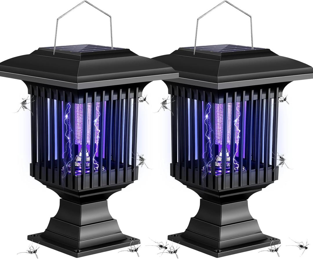 Qualirey 2 Pcs Solar Bug Zapper Outdoor with Stake Waterproof Mosquito Killer Lamp Lantern with White and UV Light Portable Cordless Mosquito Insect Zapper for Patio, Backyard, Garden, Camping