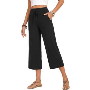 ZOOSIXX Capri Pants for Women - Palazzo Pants Casual Wide Leg Trousers with Pockets Summer High Waisted Drawstring Pants Black, 22in