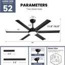 52 Inch Ceiling Fan with Lights and Remote Control, Black Industrial Fan Light Aluminum Fandelier Dimmable Reversible 6 Speed Silent for Living Room Patio Bedroom Dining Room