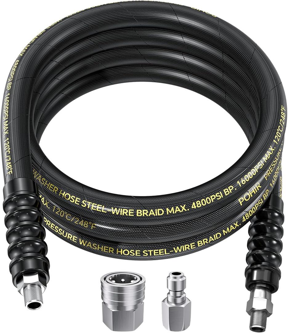 POHIR 10FT Pressure Washer Whip Hose 4800psi 3/8'' Steel Wire Braided with 3/8'' Quick Connect Plug, Reel Connector Jumper Hose for Pressure Washing (4800PSI, 10FT)
