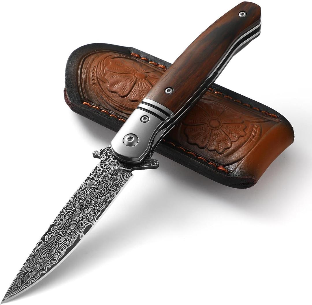 Damascus Pocket Knife for Men with Leather Sheath L-B, Handmade 67-Layer Damascus Steel, Wooden Handle