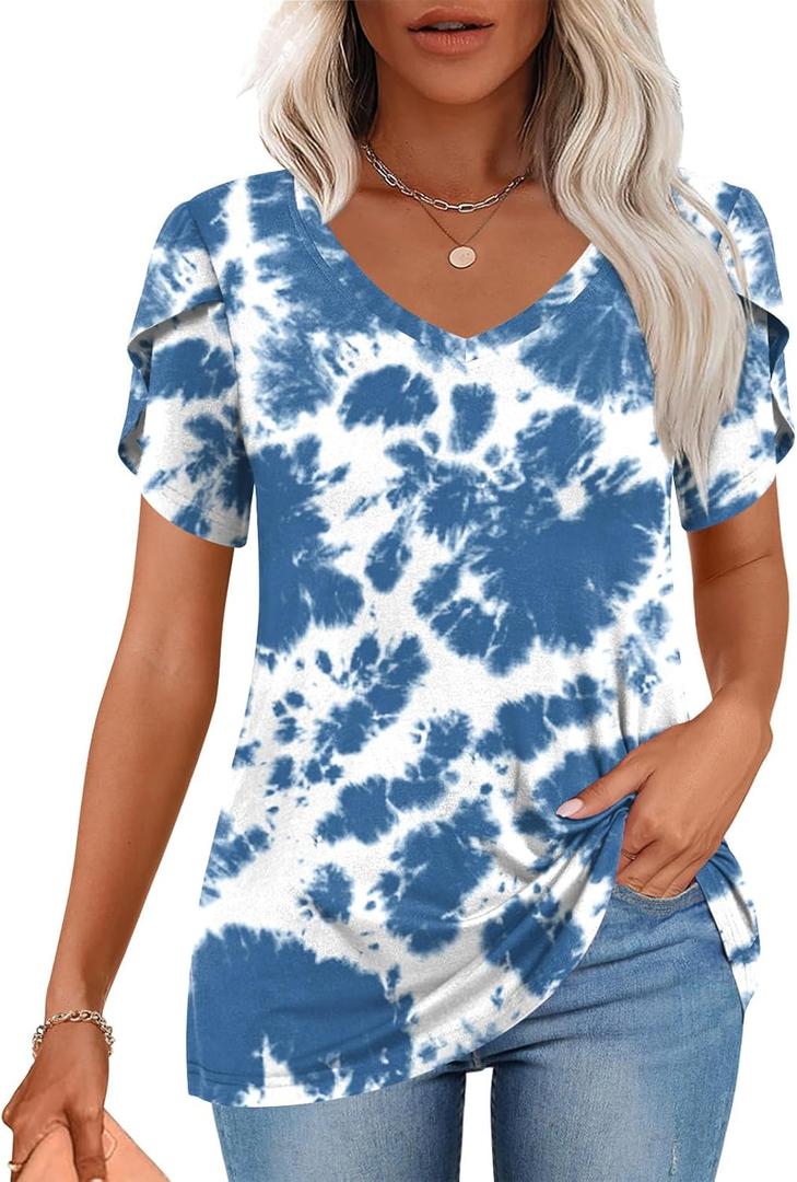 CATHY 2026 Womens Tops Summer Short Sleeve V Neck Tunic T-Shirts Blouse S-4XL (3X-Large, Blue Tie-dye)