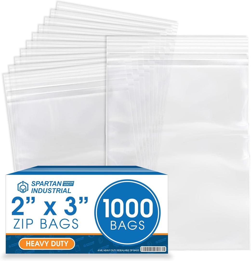 Spartan Industrial - 2" X 3" (1000 Count) 4 Mil Thick Clear Reclosable Zip Plastic Poly Bags with Resealable Lock Seal Zipper - Heavy Duty and Durable