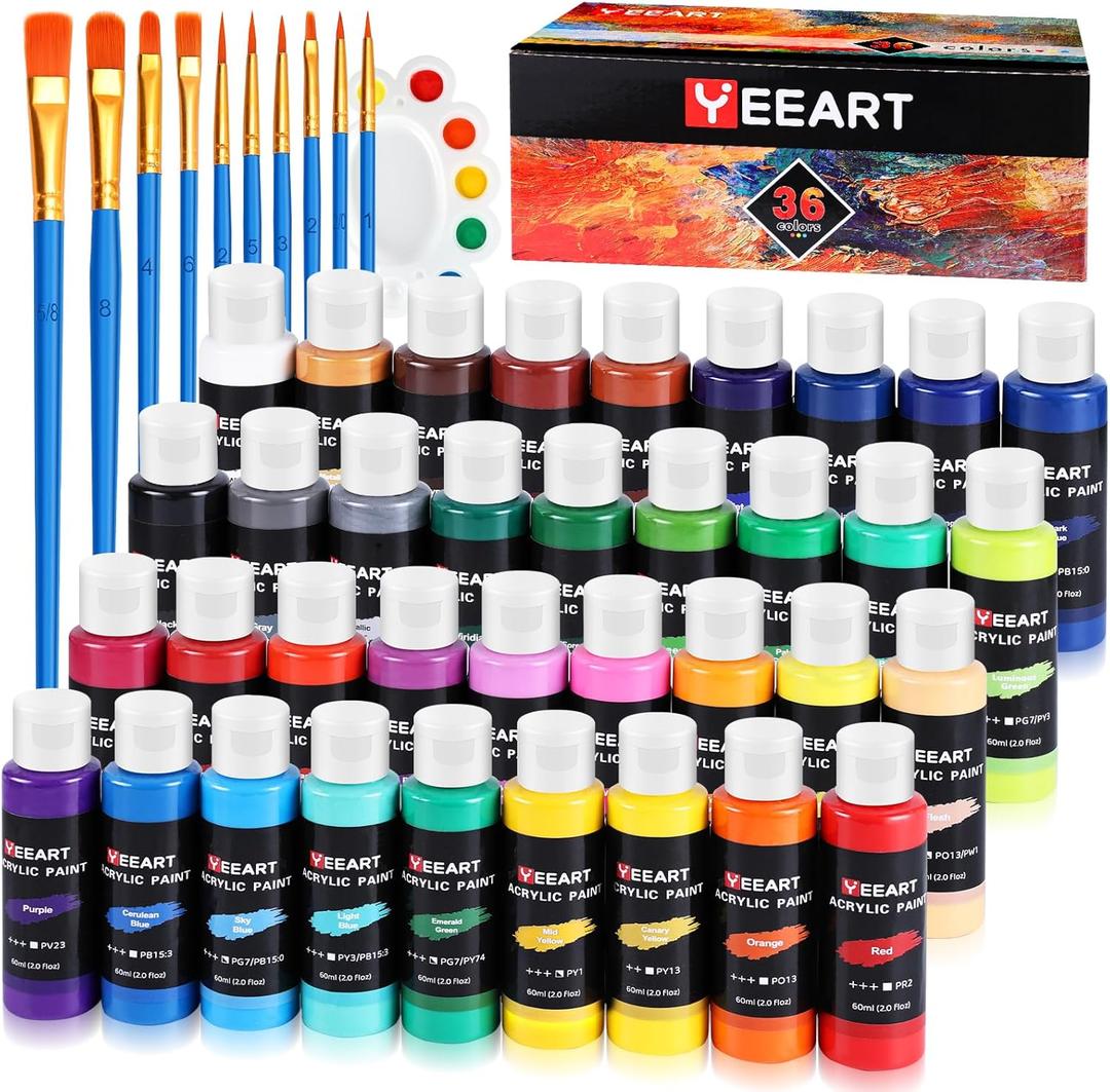 36 Colors Acrylic Paint Set, Yeeart Acrylic Paint, 2oz Bottles, Rich Pigmented Canvas Paint with Extra Metallic Color, Professional Craft Paint Kit, Premium Non-toxic Paints for Artists, Acrylic Paint Set for Adults, Art Supplies for Canvas Painting Rocks Wood Ceramic Model with 10 Brushes & Palette