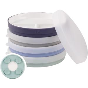 Elk and Friends Kids 7.8 Porcelain White Divided Plates with Silicone Suction Sleeves + Lids | Suitable for Babies/Toddlers | Microwave & Dishwasher Safe | Stay Put Dinnerware | Snack Dishes | 4 Pack