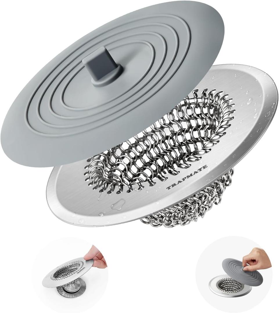 TRAPMATE Tub Stopper, Reversible Bathtub Drain Hair Catcher & Stopper, Ultra Revolutionary Bath Tub Drain Protector, Stainless Steel Hair Catcher & Silicone Stopper, 4.4" Drain Cover for Shower, Bath Silver & Grey