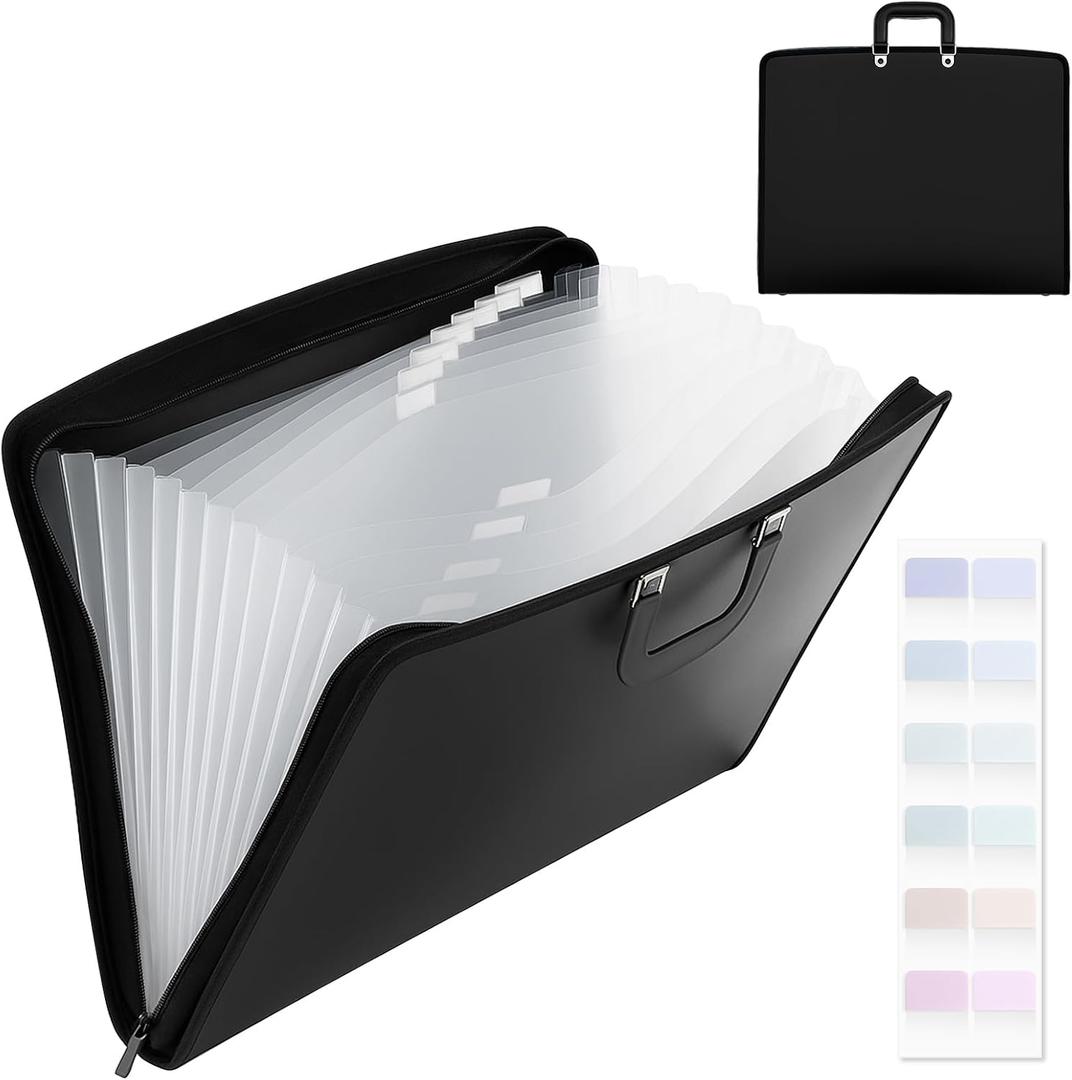 Dunzoom 1 Pack 11 x 17 Art Portfolios, Expanding File Organizer with 13 Pocket for Artwork, Painting Document Binder with Handle, Zipper and 120 Pcs Sticky Labels, Oxford Cloth Edge (Black)